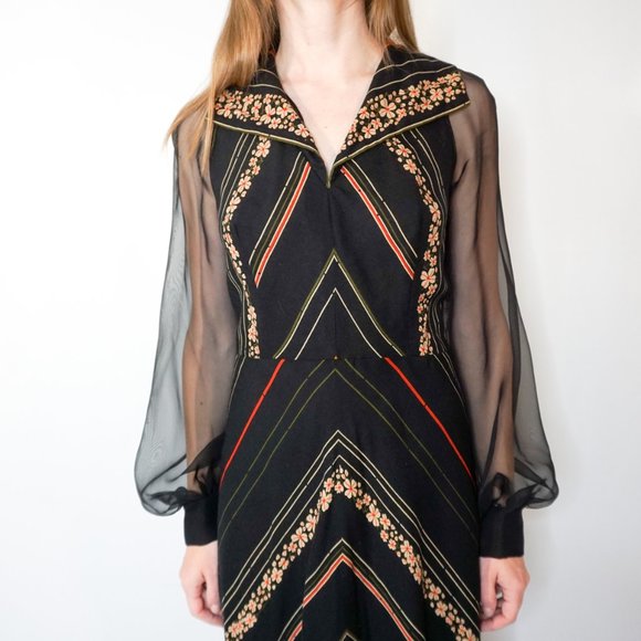 VINTAGE Floral & Striped Sheer Sleeve Maxi Dress - Picture 2 of 7